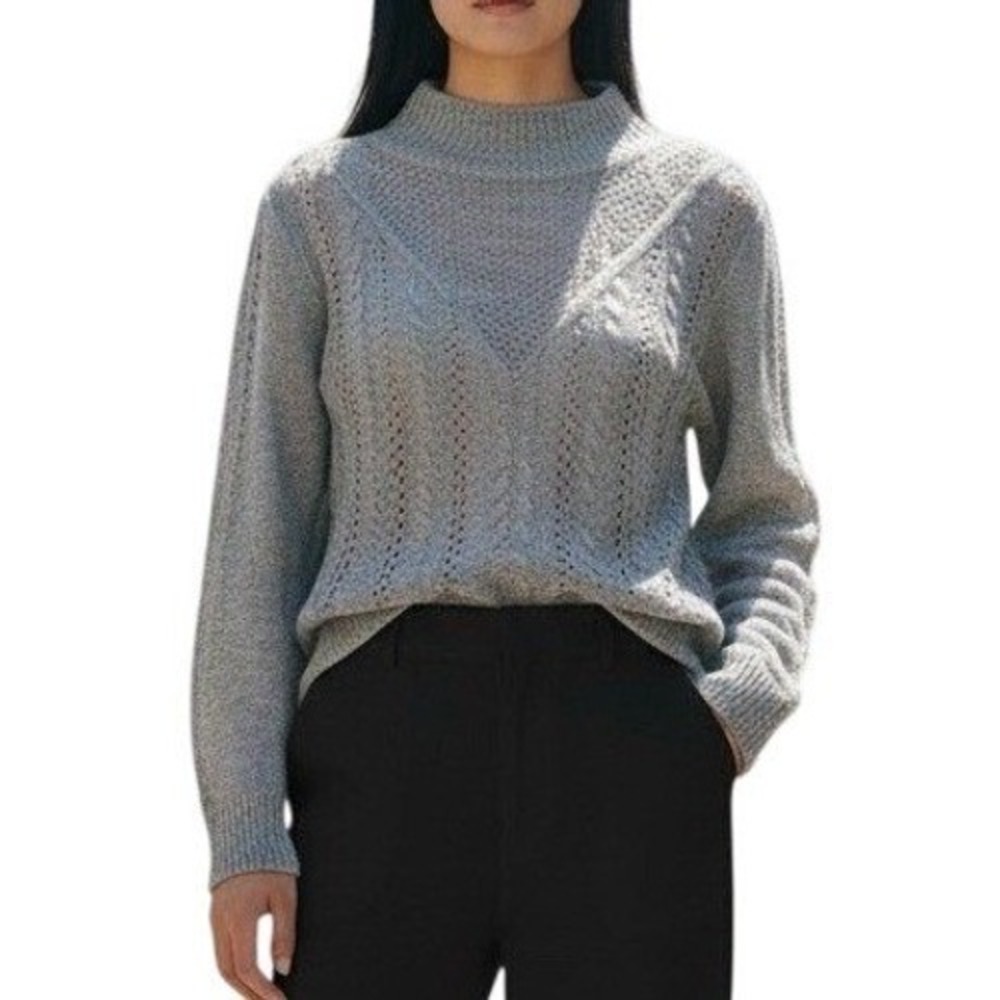 🆕 WHITE HOUSE BLACK MARKET Grey Faux Pearl Embellished Cable Knit Sweater EUC S